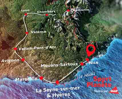 Carte du parcours du relais Sport Planète 2021 et ses villes étapes de Nice à Chamonix.