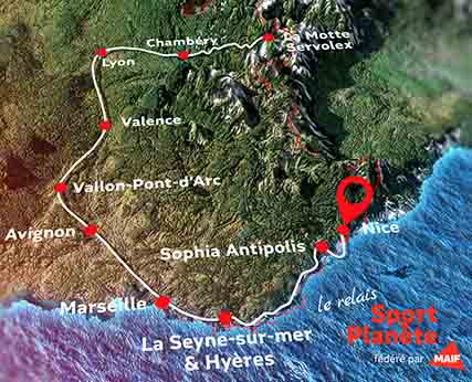 Carte du parcours du relais Sport Planète 2021 et ses villes étapes de Nice à Chamonix.