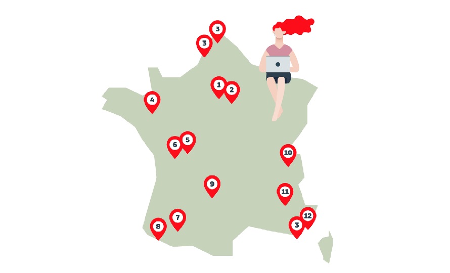 Carte de douze idées de sorties en France en juillet et août 2022.