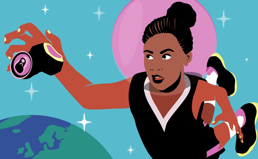 Illustration du podcast Sport Fictions : une femme en tenue de sport ramasse un déchet dans l'espace