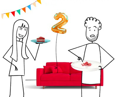 Illustration : deux bonshommes filaires partageant un gâteau